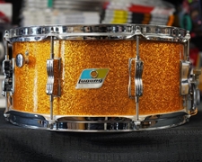 1970s USA Ludwig 6.5x14" Maple Snare Drum - Blue/Olive Badge - Gold Sparkle Wrap