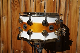 DW USA Collectors Exotic Series 8x14" Snare Drum Piano White Lacquer w/ Gold Rally Stripe 
