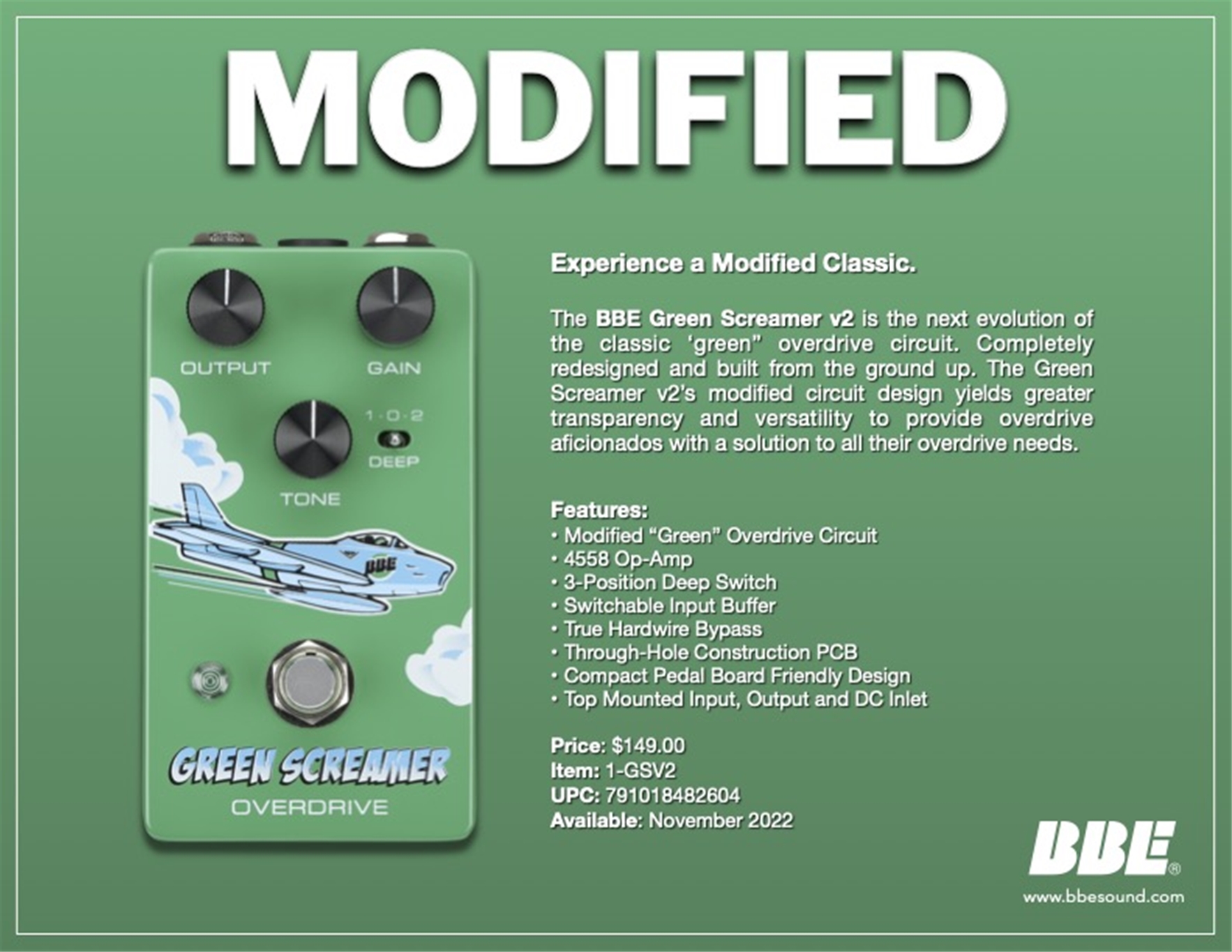 BBE Green Screamer  Overdrive Pedal 2023