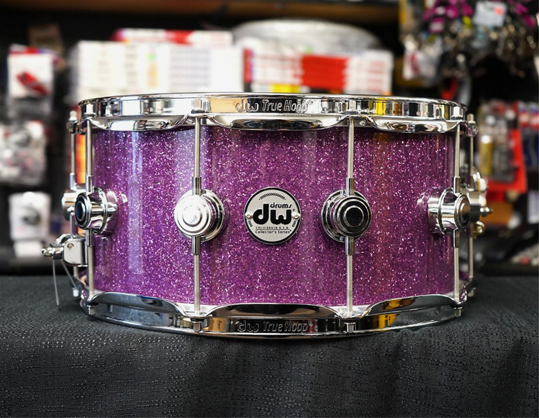 DW USA Collectors Series 6.5x14" Maple SSC Snare Drum w/ Rings - Purple Glass Sparkle Finish Ply