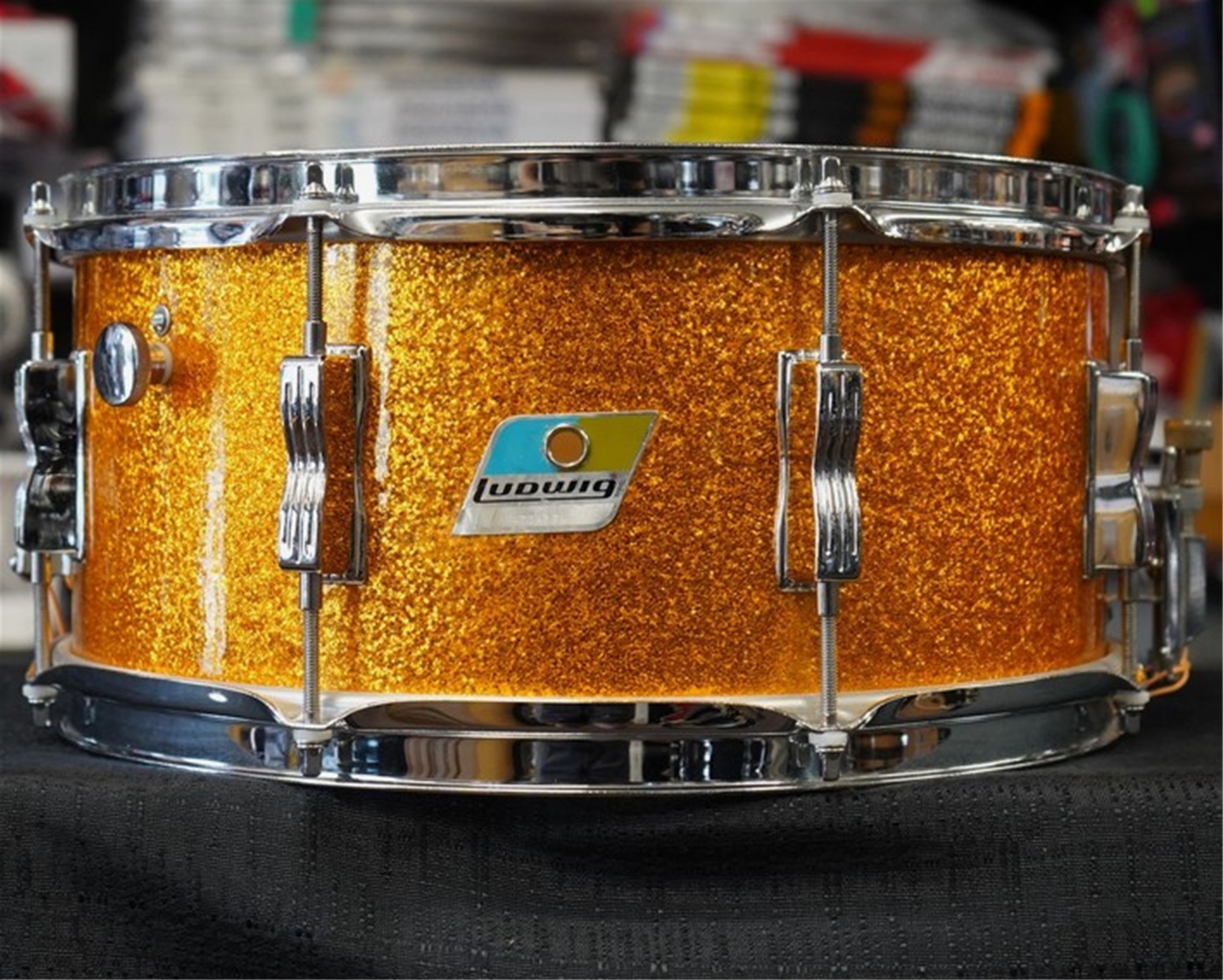 1970s USA Ludwig 6.5x14" Maple Snare Drum - Blue/Olive Badge - Gold Sparkle Wrap