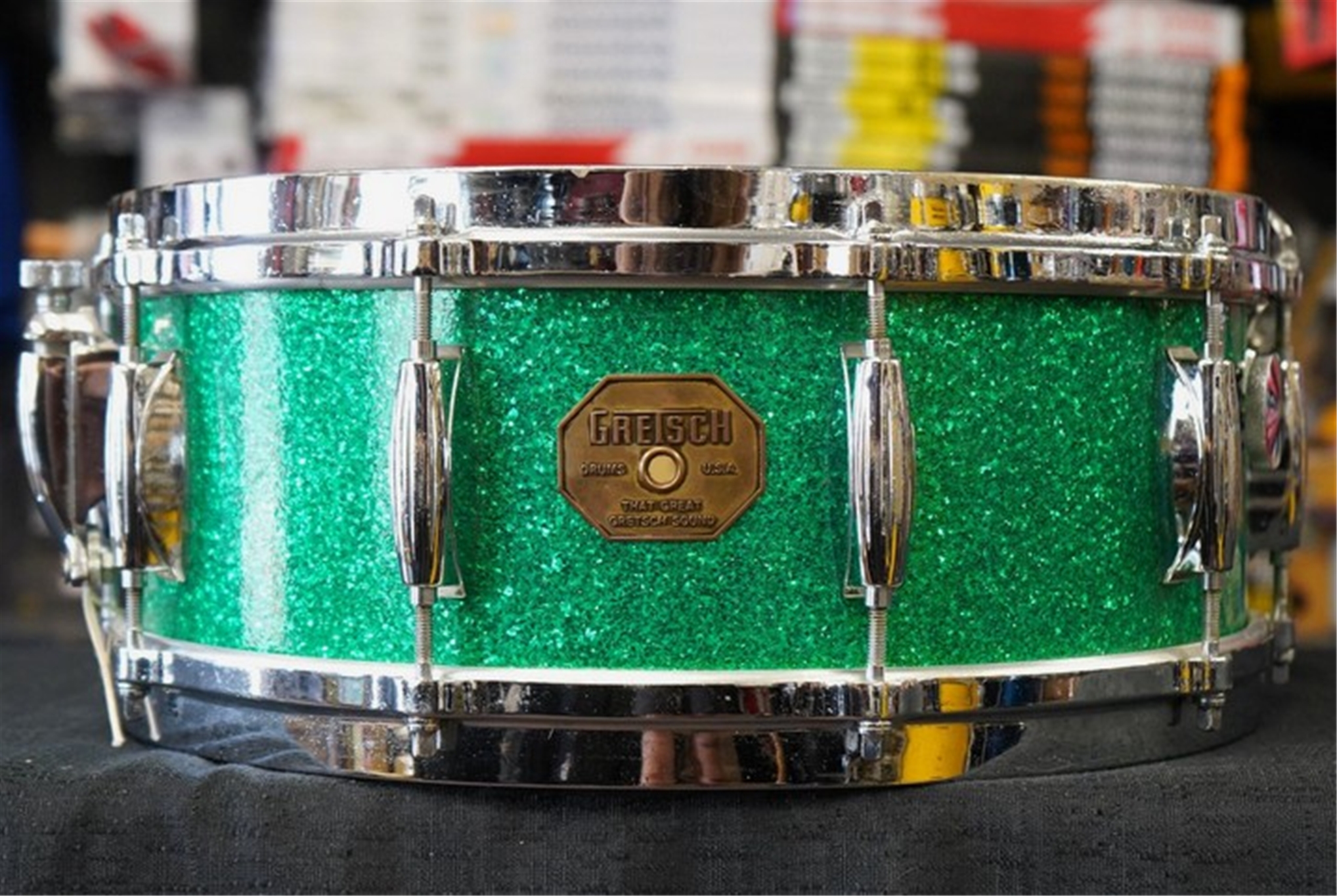 Vintage 1970s Gretsch USA Custom Series 5x14" Maple Snare Drum - Green Sparkle Glass