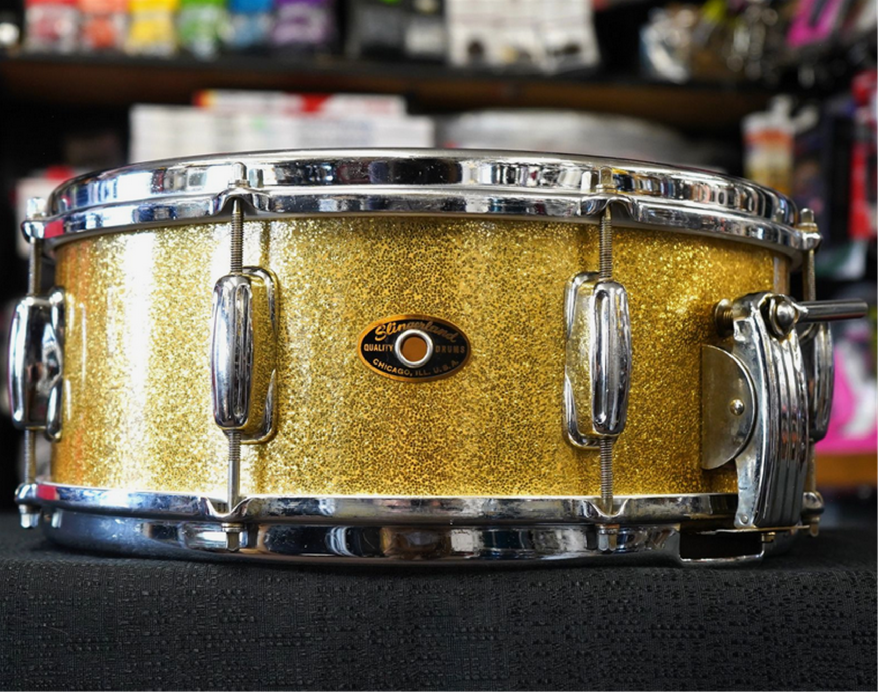 USED - Vintage 1959 USA Slingerland 5x14" 1pc Maple Snare Drum w/ Rings - Gold Sparkle Wrap