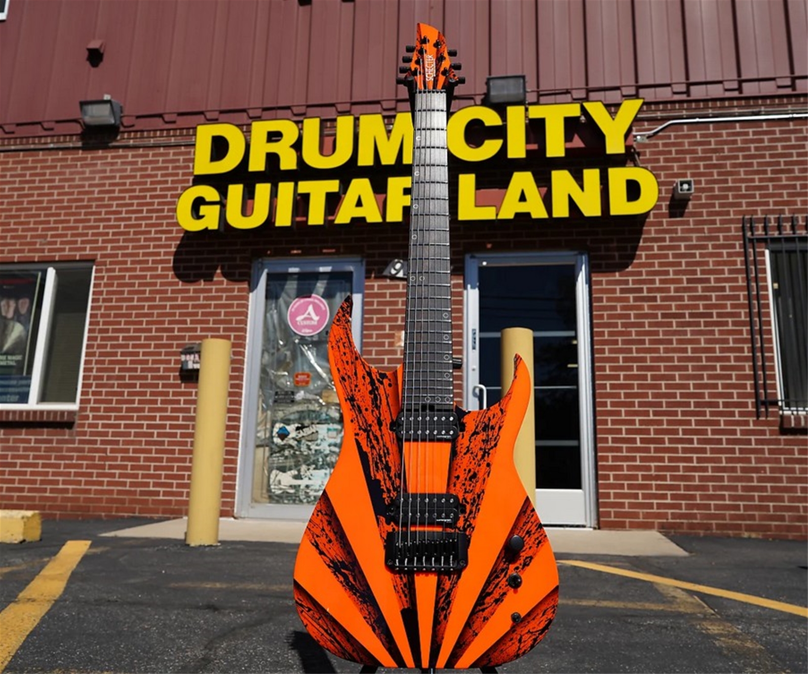 Schecter USA CUSTOM SHOP  KM-7 Keith Merrow - Neon Orange/Black Rays 7-String Electric Guitar 