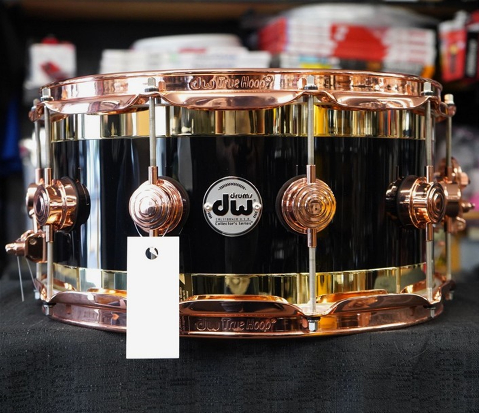 DW USA Collectors Series 7x14" Maple EDGE Snare Drum - Black Gloss FP w/ Gold Rings & Copper Hardware