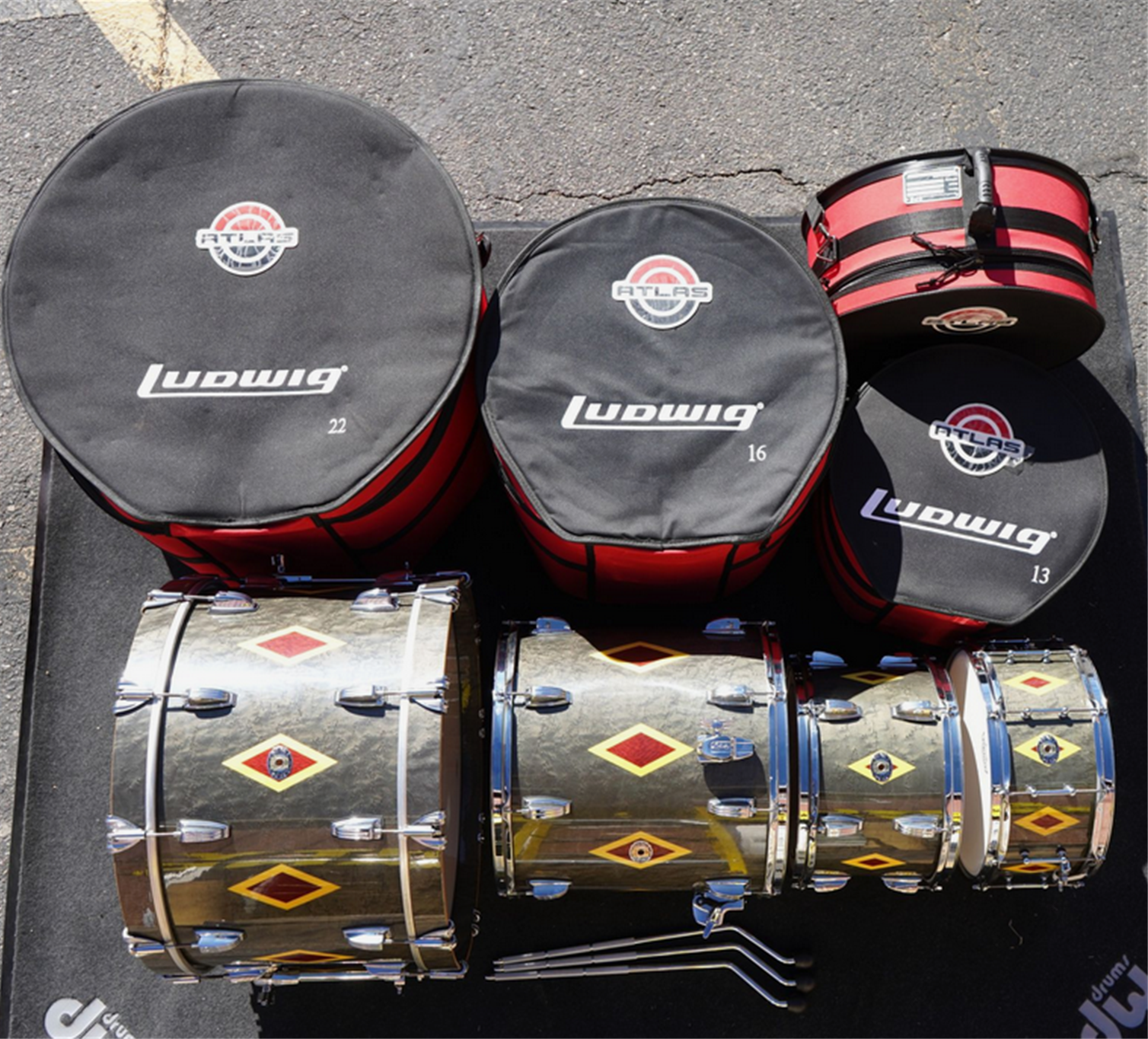 USED - Ludwig LLC54233LXCX2 110th Anniversary 4pc Mahogany Shell Pack w/ Pro Ludwig Bags - Diamond Flash Inlay Charcoal